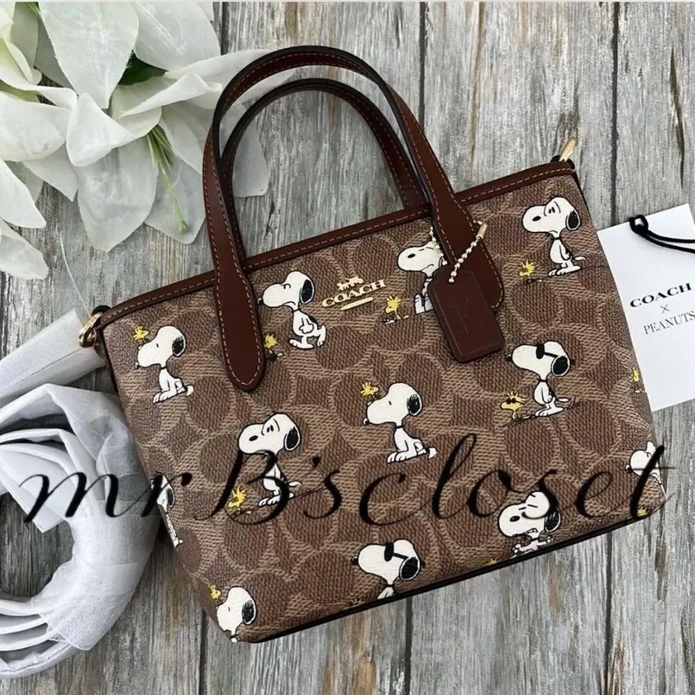 Coach X Peanuts City Mini Tote Bag In Signature Canvas With Snoopy Print Purse